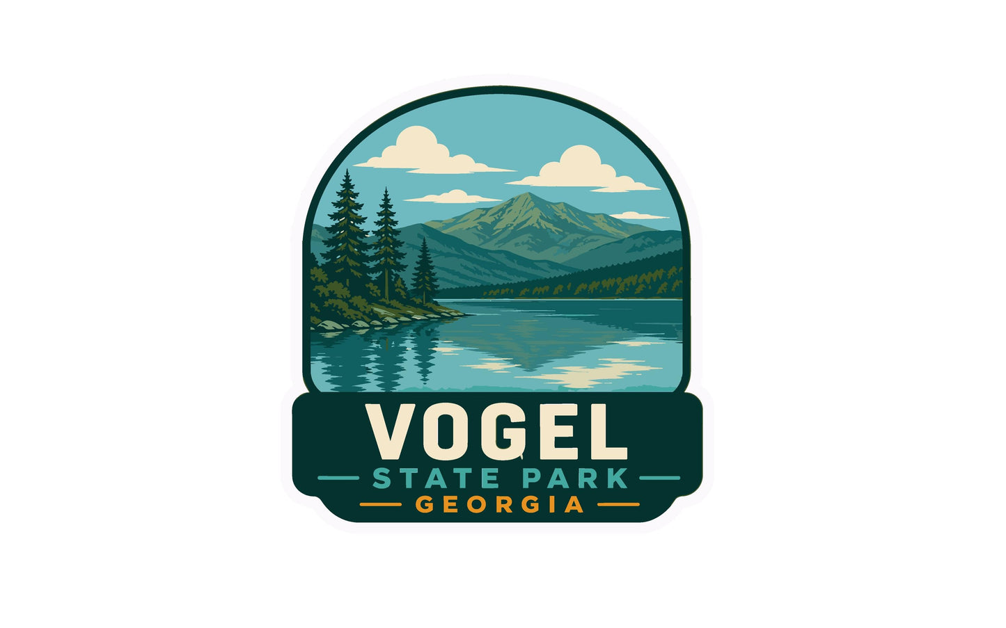 a logo for Vogel State Park in Georgia, depicting a scenic landscape with mountains, pine trees, and a lake.