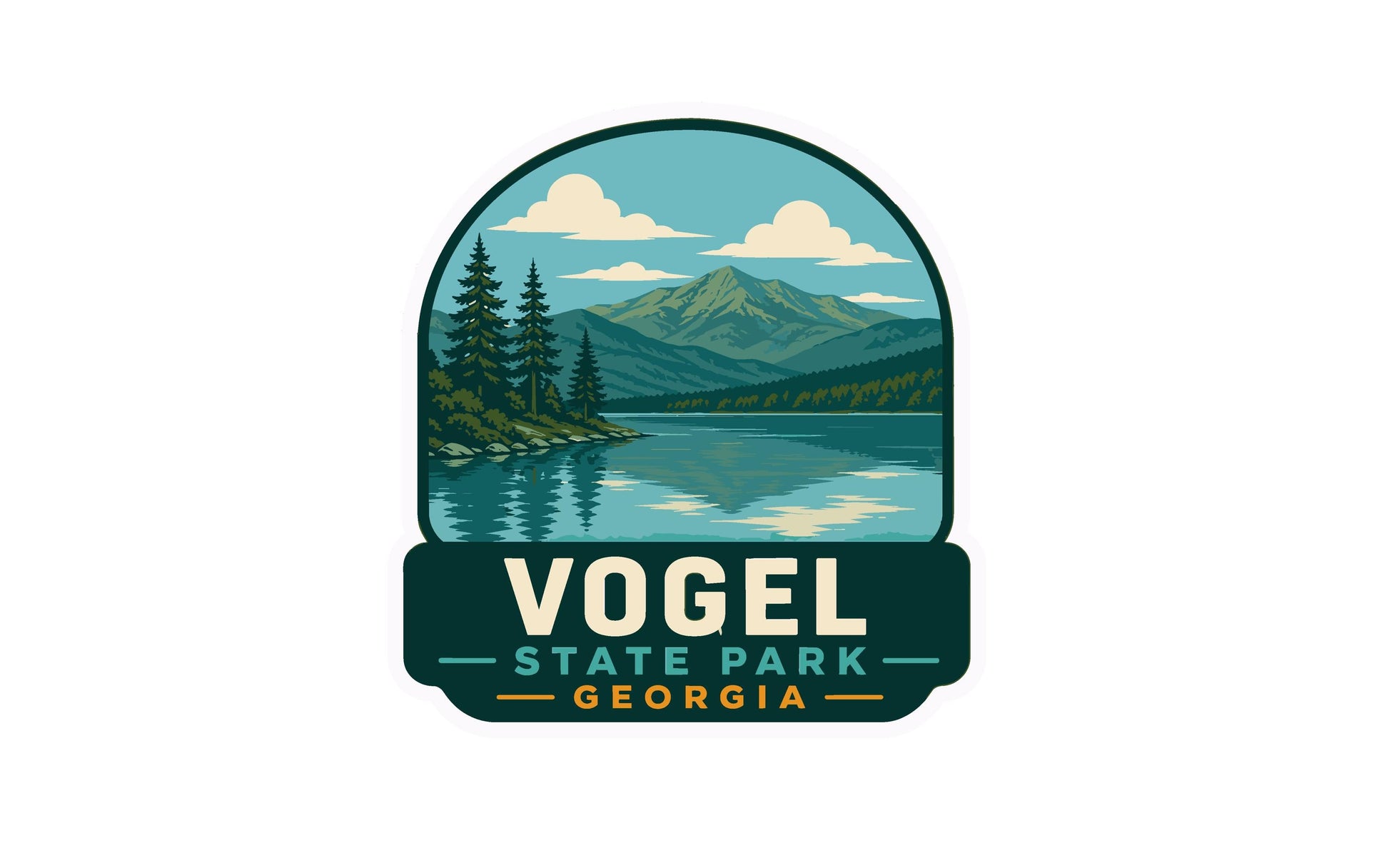 a logo for Vogel State Park in Georgia, depicting a scenic landscape with mountains, pine trees, and a lake.