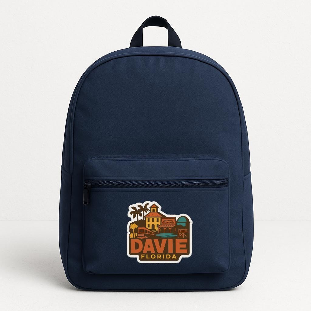 A navy blue backpack with a graphic of a house and palm trees, along with the text "DAVID FLORIDA" printed on it.