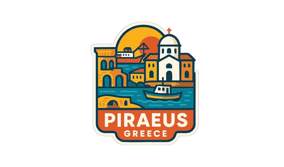 a sticker or emblem with a stylized illustration of a Greek island, including a church, boats, and other landmarks.