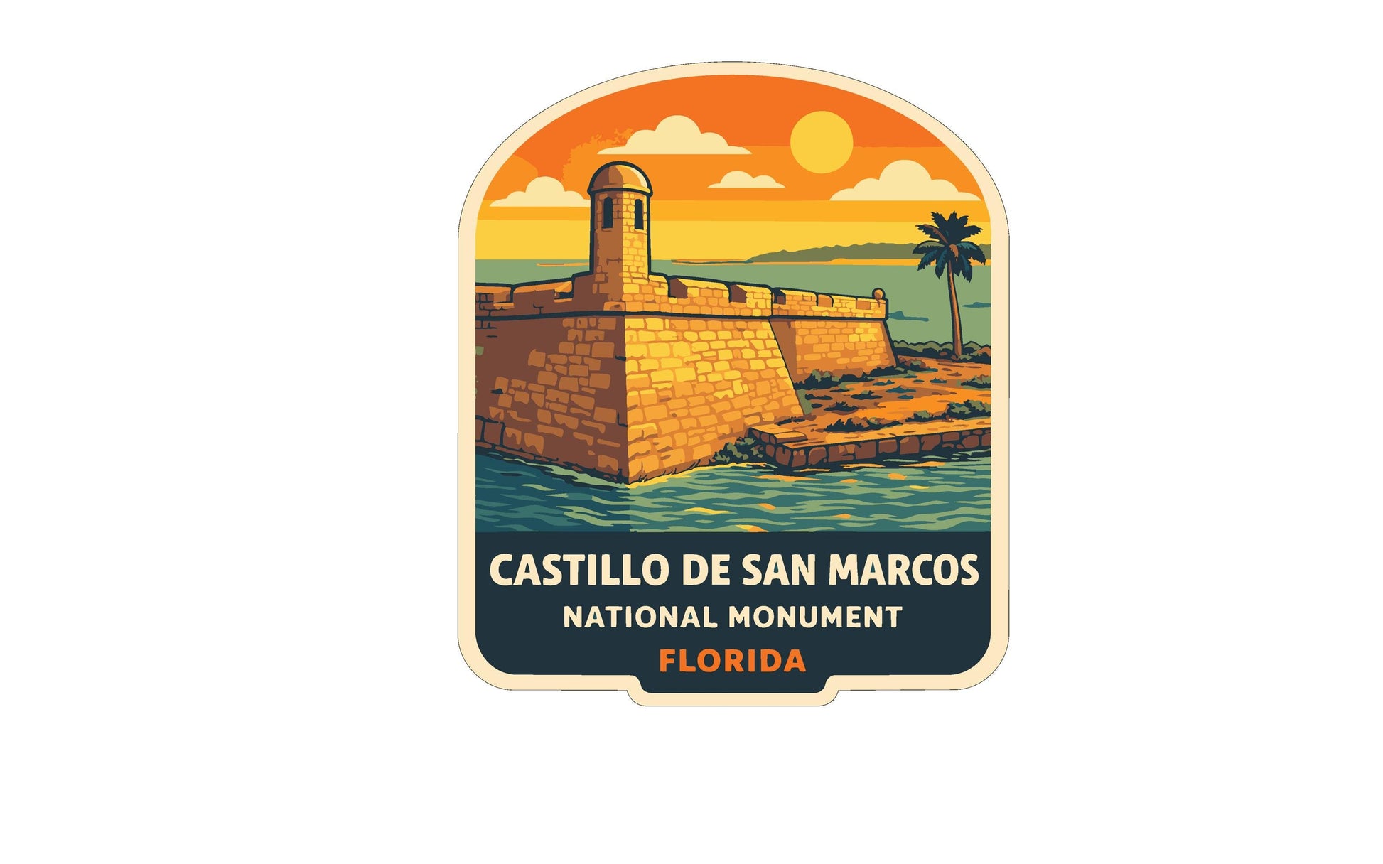 a sticker or label with an illustration of a fort or castle on a beach, with a sunset in the background.