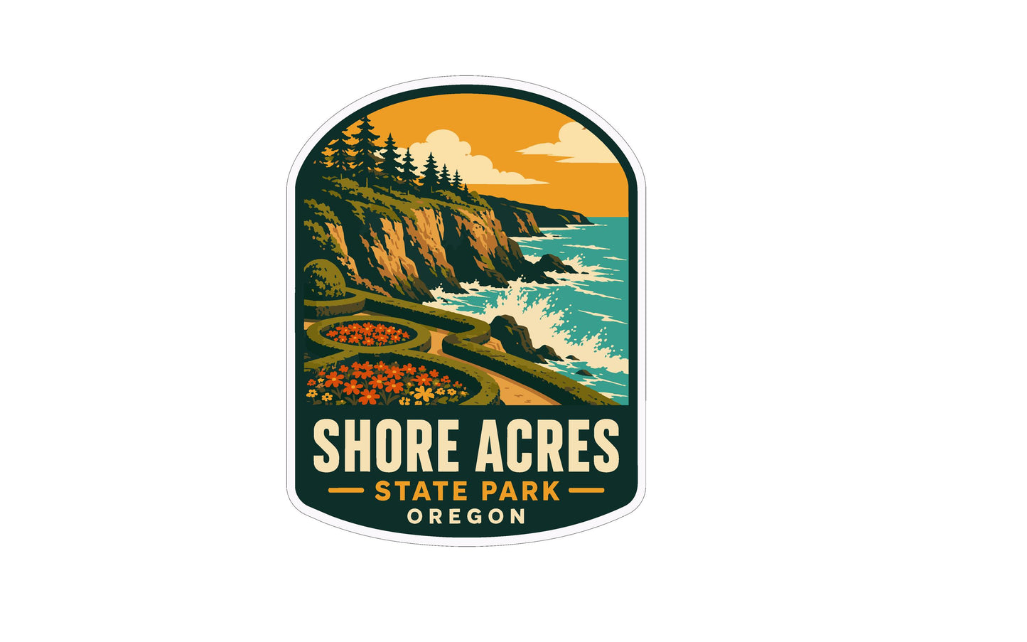 A sticker or emblem featuring a scenic landscape with a cliff overlooking the ocean, surrounded by trees and flowers.