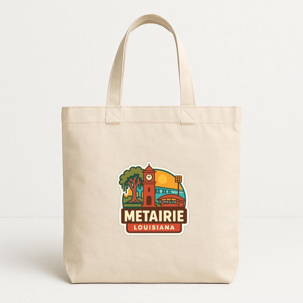 A beige tote bag with a colorful graphic and text that says "METAIRE LOUISIANA".