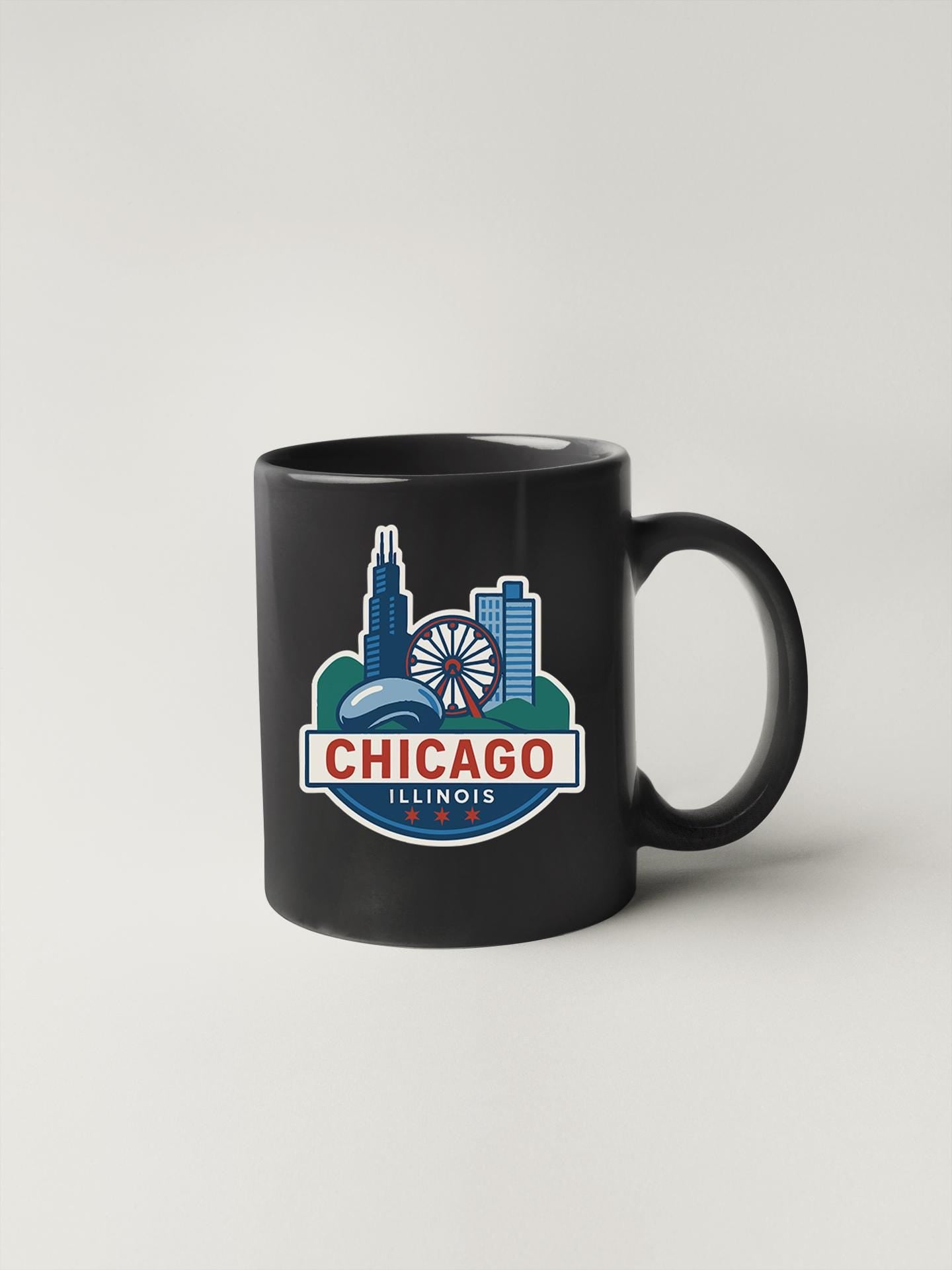 a black coffee mug with the chicago illinois skyline