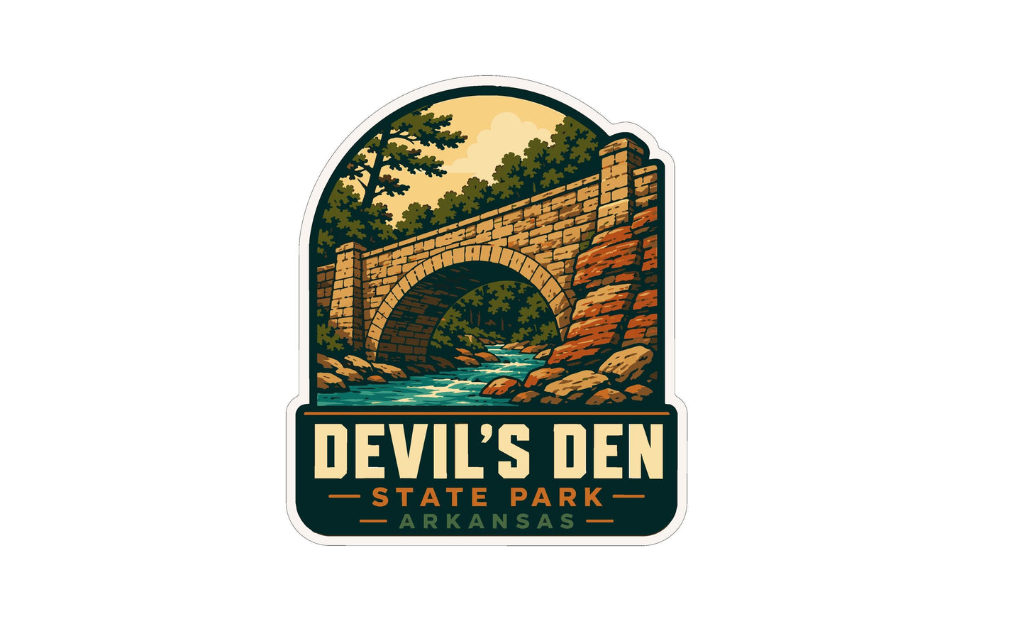 A sticker depicting a stone bridge over a river, surrounded by trees and foliage, with the text "Devil's Den State Park Arkansas" below it.