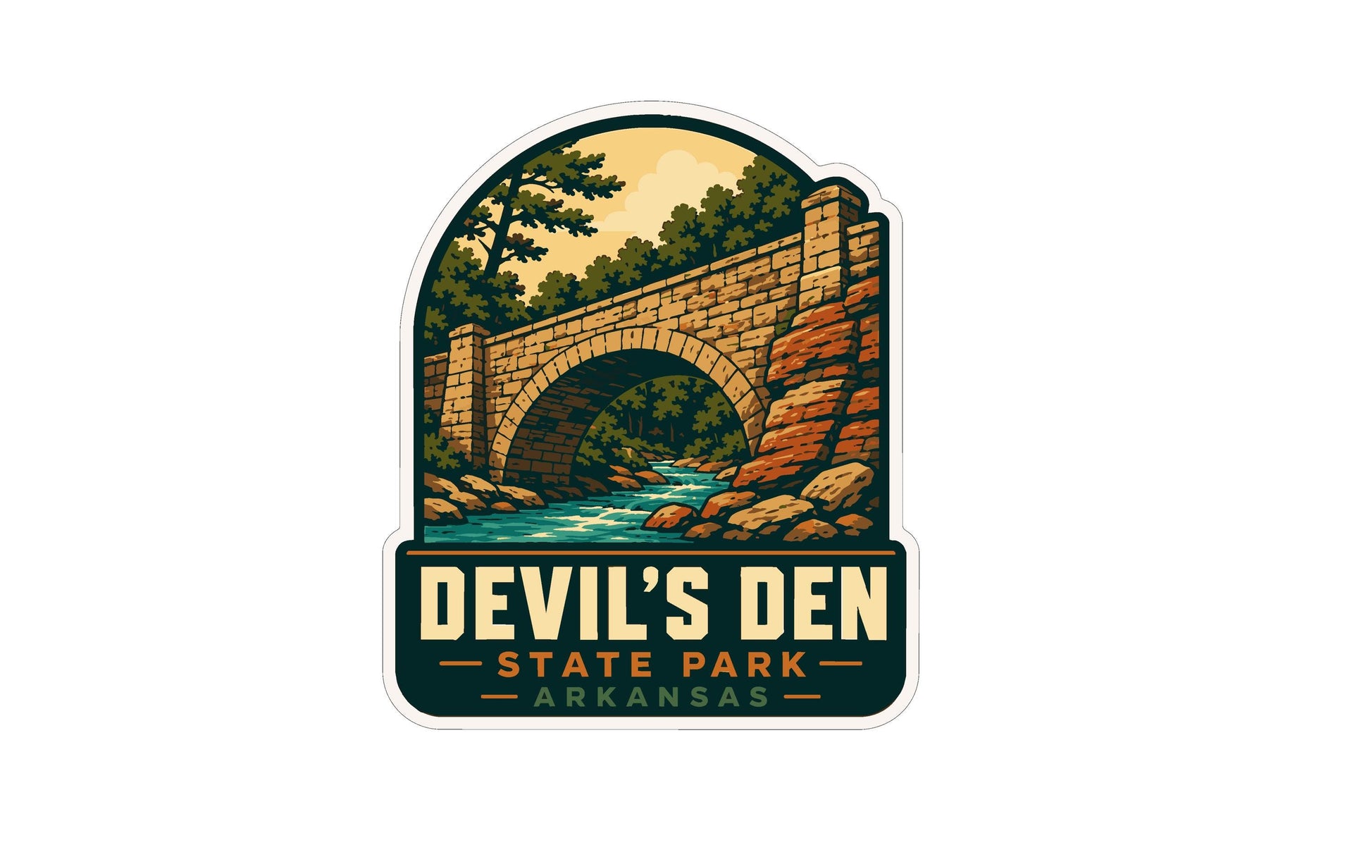 A sticker depicting a stone bridge over a river, surrounded by trees and foliage, with the text "Devil's Den State Park Arkansas" below it.
