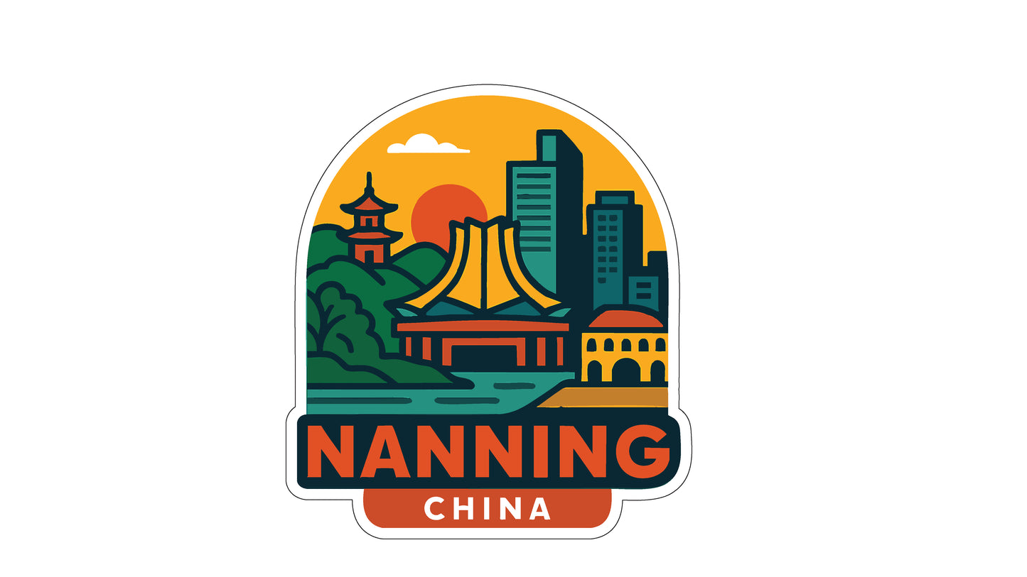 The image is a sticker or emblem featuring a stylized illustration of a cityscape with buildings, a pagoda, and a sunset. The text "NANNING CHINA" is prominently displayed, indicating the location or country of the image.