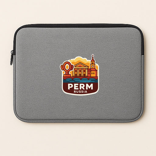 A gray laptop sleeve with a logo of Perm Russia printed on it.