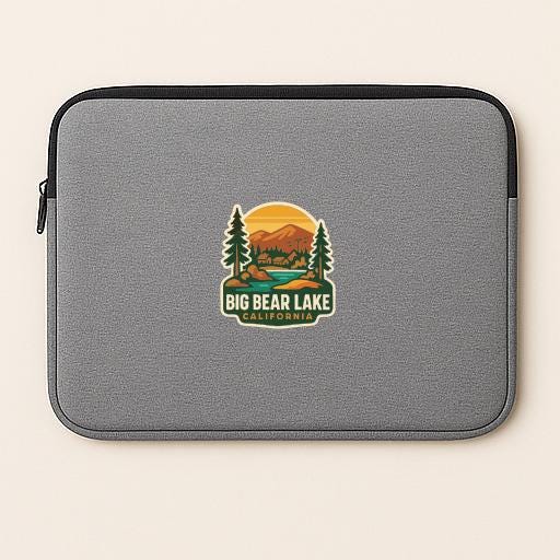 A gray laptop sleeve with a logo for Big Bear Lake, California.