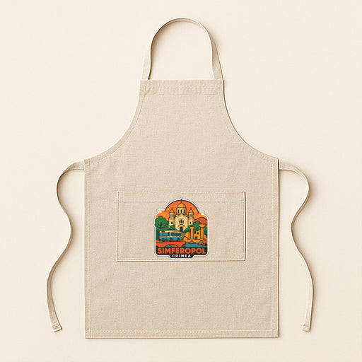 A beige apricot with a graphic design on the front pocket, featuring a cityscape with a church and other buildings.