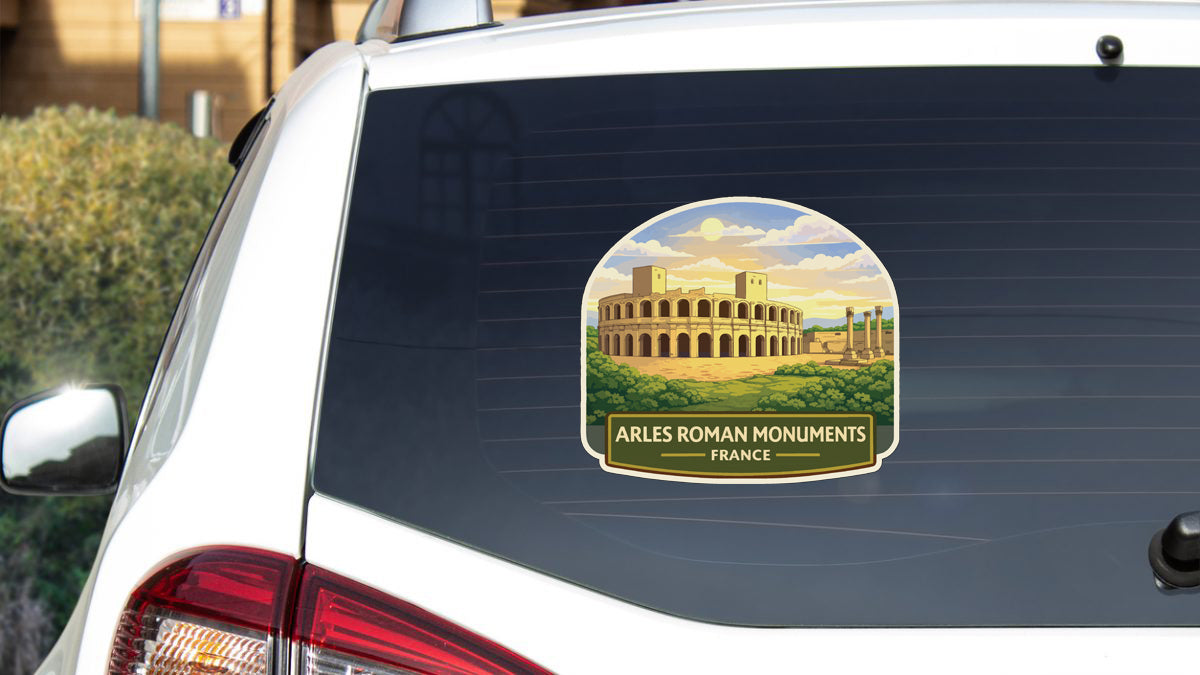a sticker on the rear window of a car that displays the Colosseum, a famous landmark in Rome, Italy.