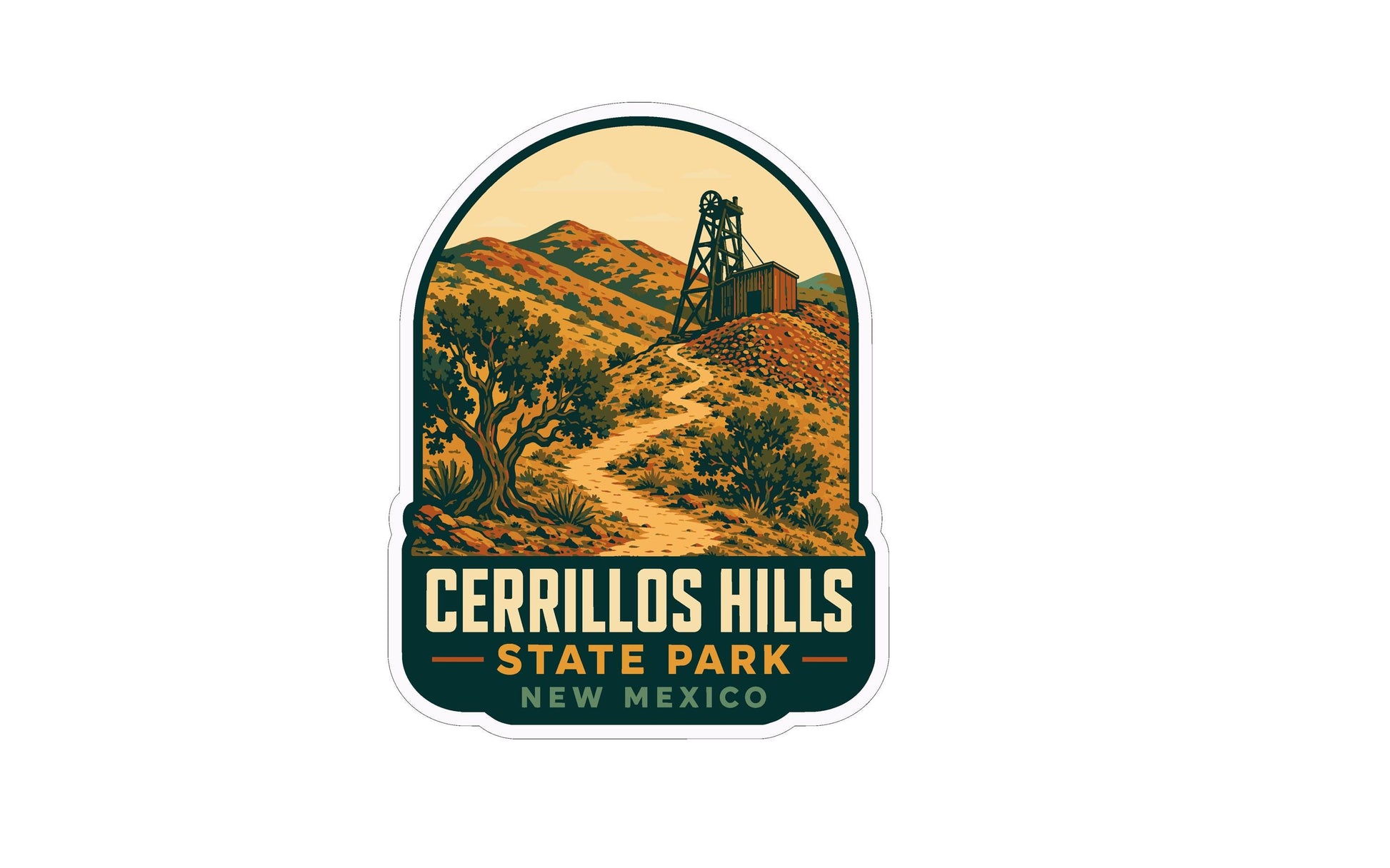 A sticker depicting a scenic landscape with mountains, a path, and a building, with the text "CERRILLOS HILLS STATE PARK NEW MEXICO" prominently displayed.