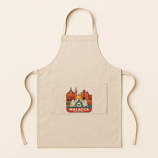 A beige apricot with a graphic design of a city skyline on the front pocket.