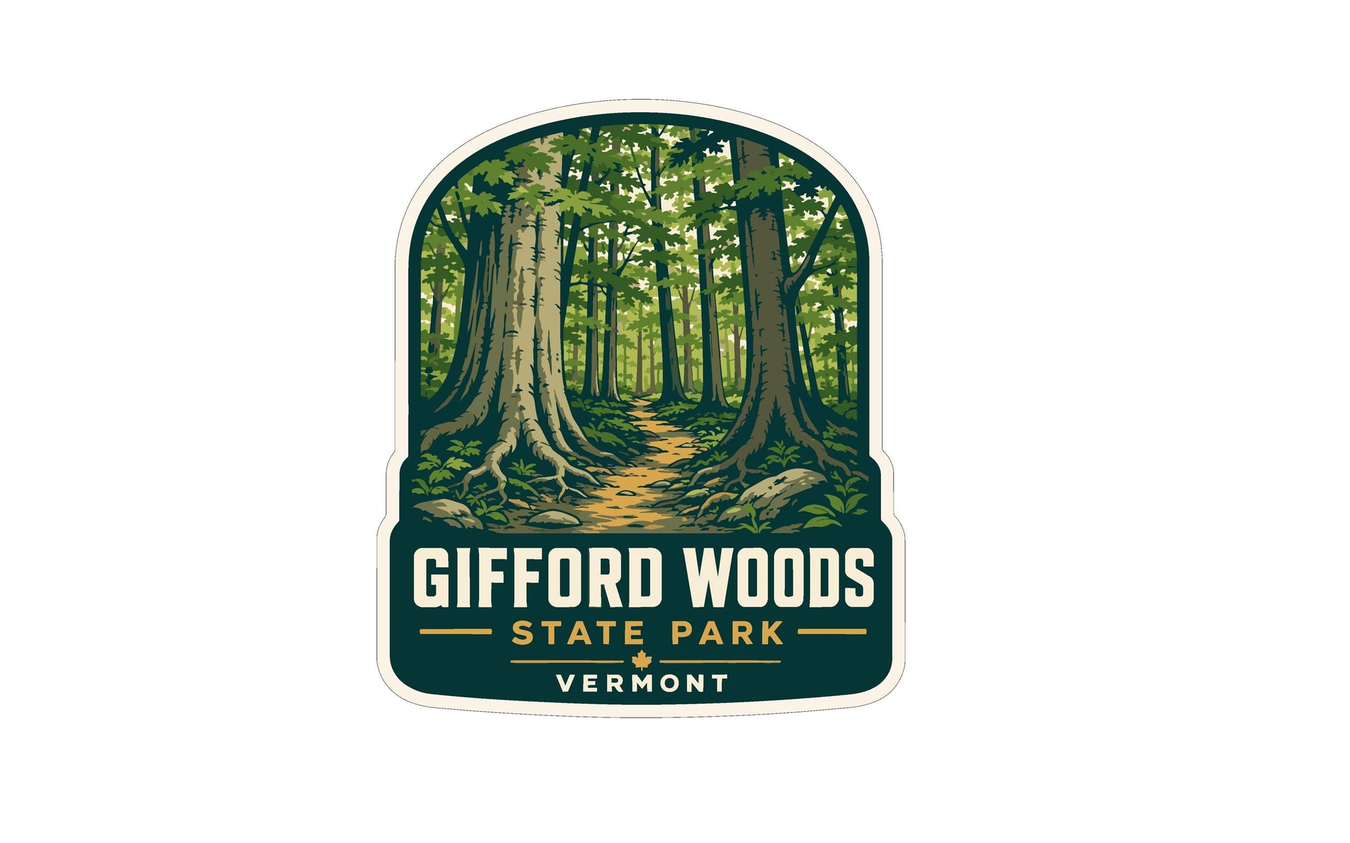 A sticker or label featuring a forest scene with tall trees and a path leading through the woods.