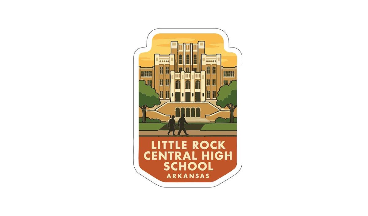 A sticker or emblem featuring the Little Rock Central High School in Arkansas, with a stylized illustration of the school building and two figures walking in front of it.