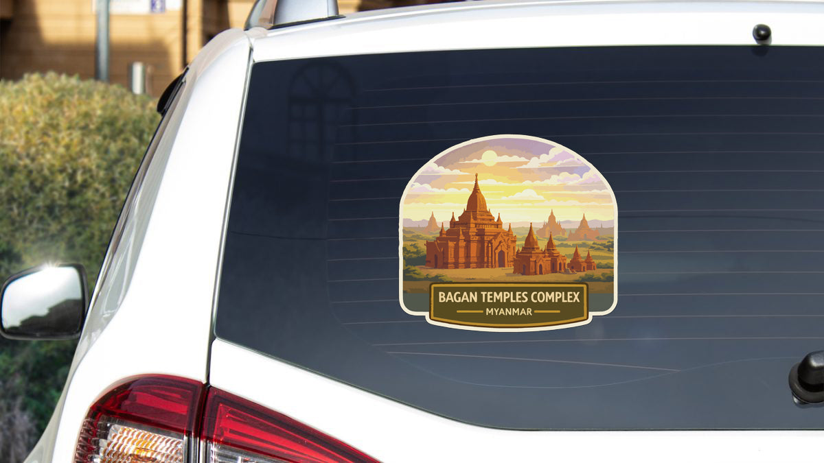 A sticker on the rear window of a car depicting the Bagan Temples Complex in Myanmar.