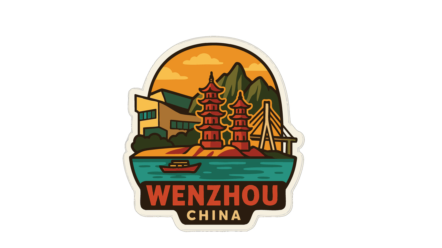 A sticker depicting the skyline of Wenzhou, China, with pagodas, mountains, and a body of water.