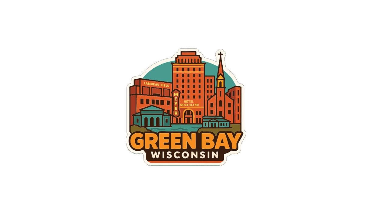 A stylized illustration of the cityscape of Green Bay, Wisconsin, featuring various buildings and landmarks.