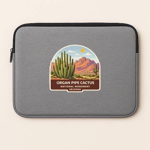 a gray laptop sleeve with a label that says "ORGAN PIPE CACTUS NATIONAL MONUMENT ARIZONA".