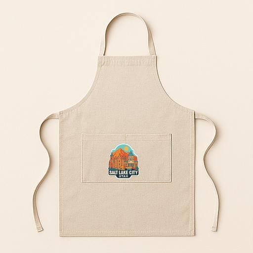 A beige apricot with a graphic of Salt Lake City on it, featuring a mountain and a building.