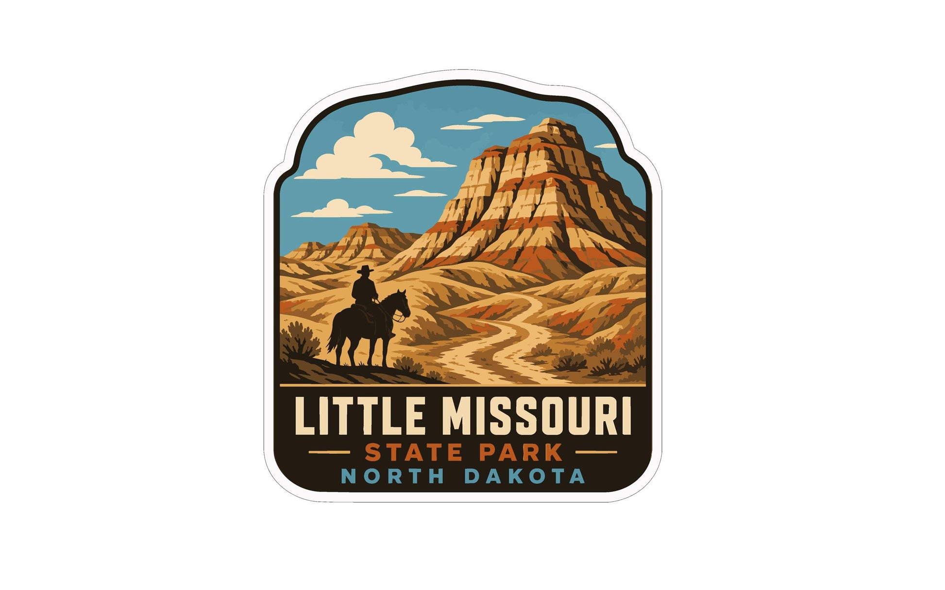 A sticker depicting a cowboy riding a horse in front of a scenic mountain landscape, with the text "LITTLE MISSOURI STATE PARK NORTH DAKOTA" below.