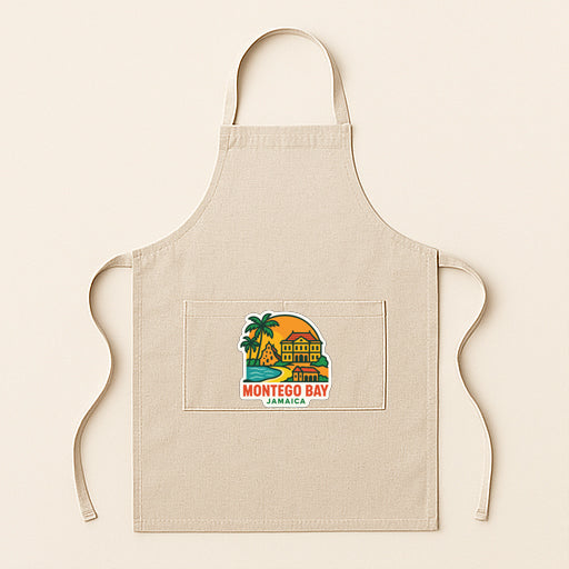 A beige apricot with a graphic of a tropical island and a house, representing Montego Bay, Jamaica.