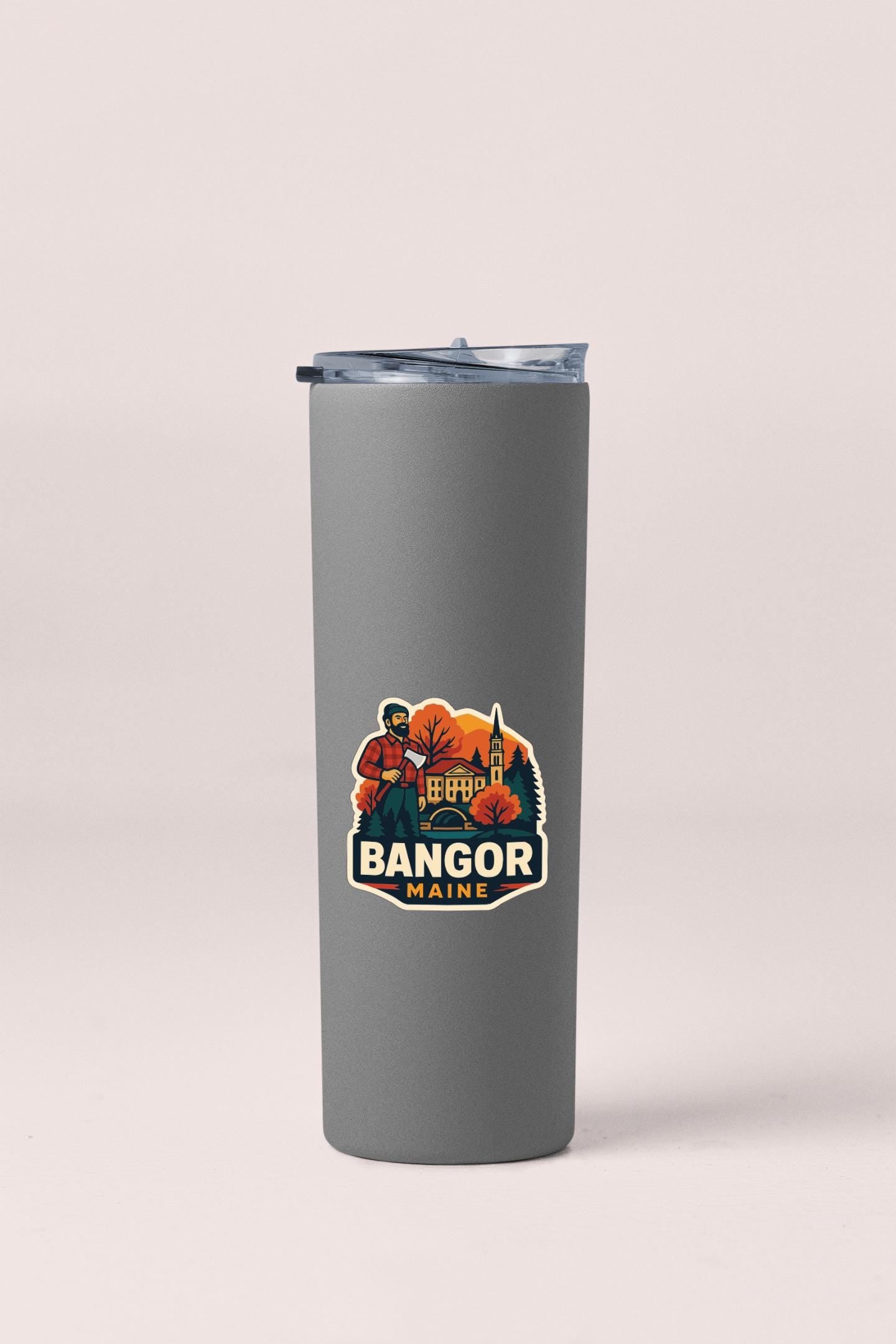 A gray insulated tumbler with a printed logo that says "BANGOR MAINE".
