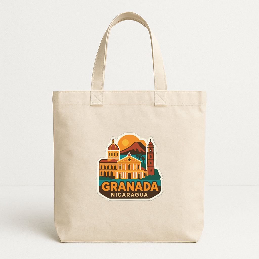 A beige tote bag with a graphic design depicting the city of Granada, Nicaragua.
