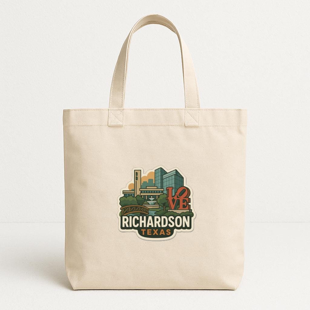 A beige tote bag with a printed design featuring a city skyline and the word "RICHARDSON" in the center.