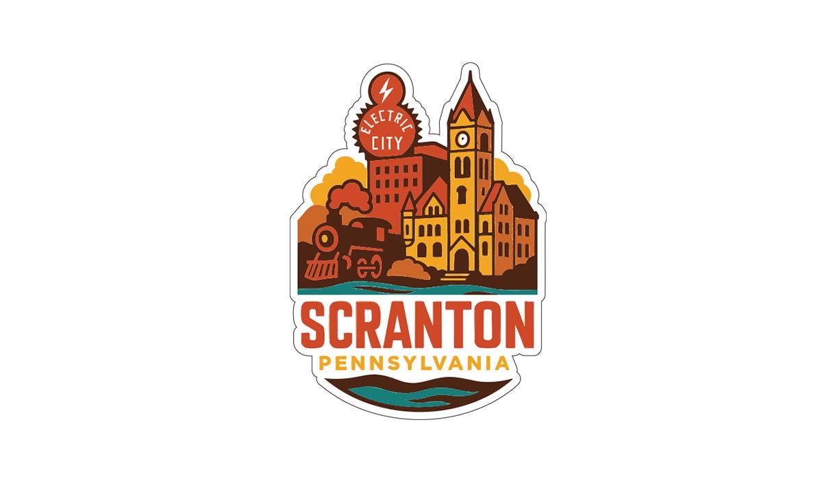 a stylized illustration of a cityscape with a clock tower, buildings, and a train, along with the text "SCRANTON PENNSYLVANIA".