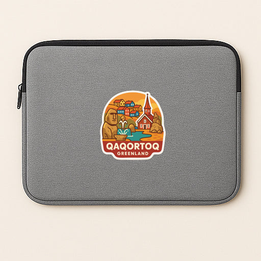 A gray laptop sleeve with a colorful sticker depicting a scenic view of Greenland.