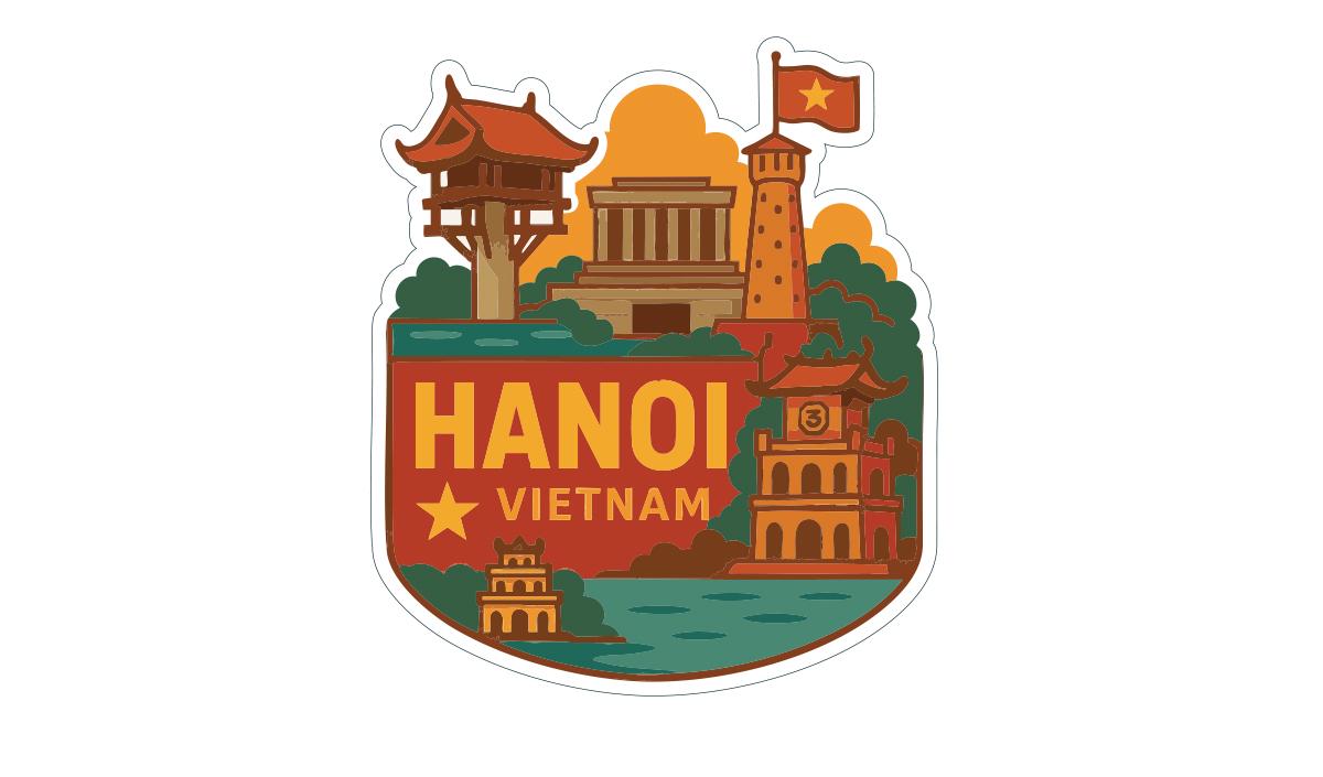 The image is a sticker or emblem featuring various landmarks and buildings associated with Hanoi, Vietnam.