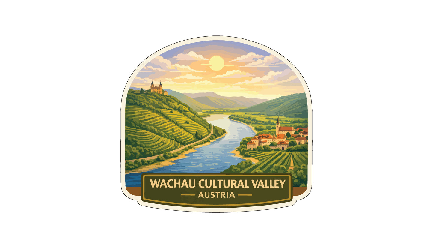 a scenic view of the Wachau Cultural Valley in Austria, with a river winding through the landscape and buildings nestled among the hills.