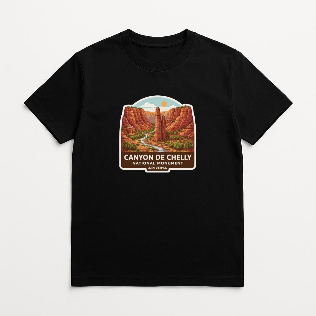 A black t-shirt with a graphic design depicting the Canyon of the Chelly National Monument in Arizona.