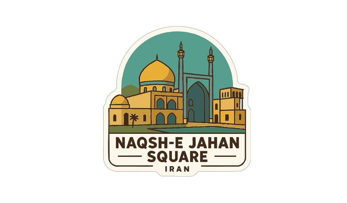 a sticker or emblem with a stylized illustration of a mosque and surrounding buildings, along with the text "NAQSH-E Jahan SQUARE IRA".