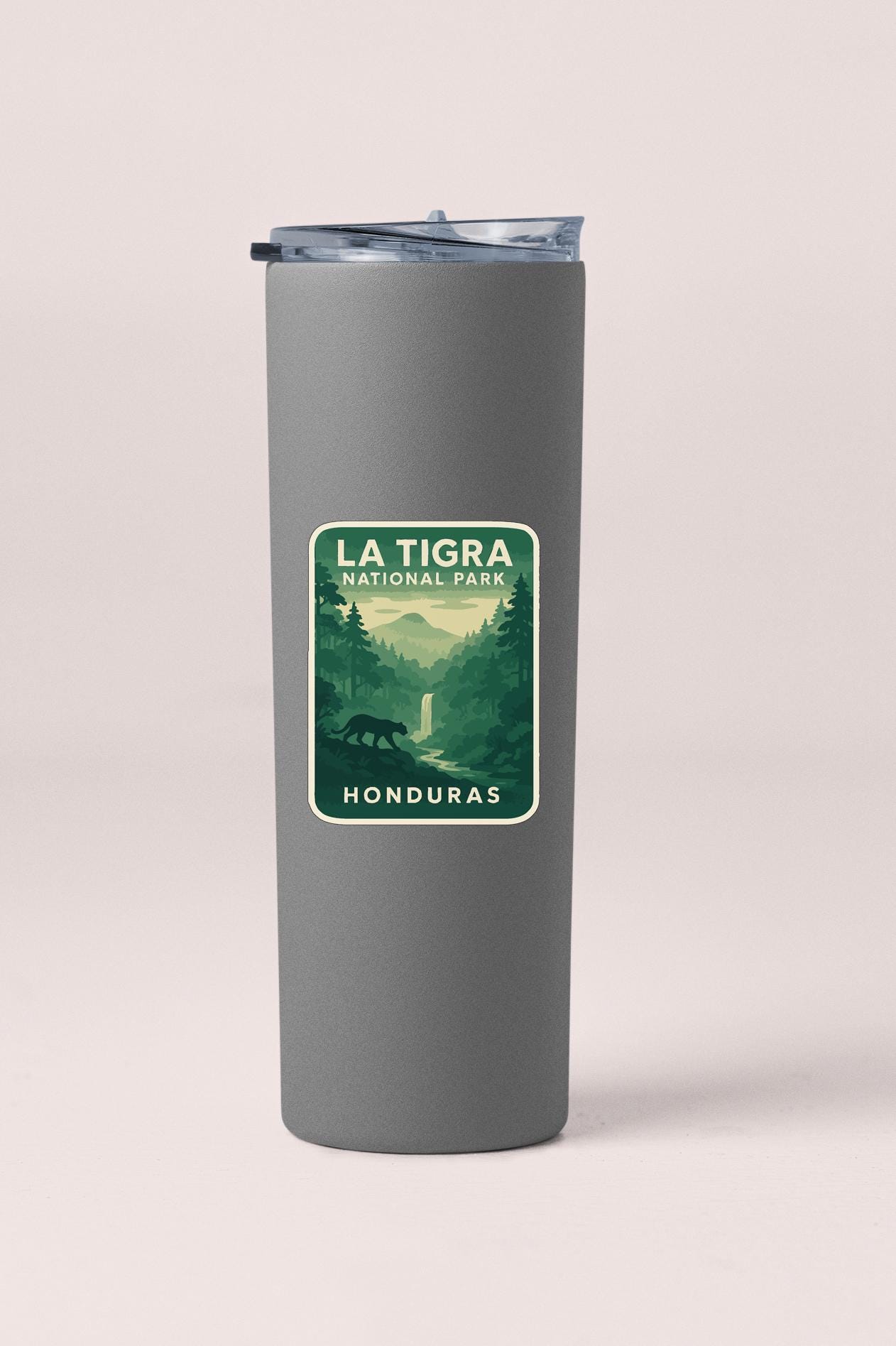 A gray insulated tumbler with a label that reads "LA TIGRA NATIONAL PARK HONDURAS".