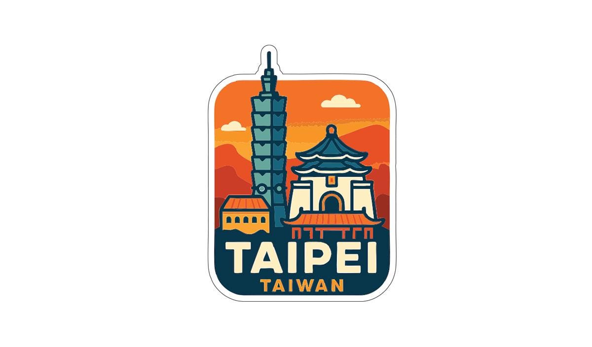 A sticker or logo depicting the iconic Taipei skyline, including the Taipei 101 skyscraper, with the text "TAIPEI TAIWAN" prominently displayed.