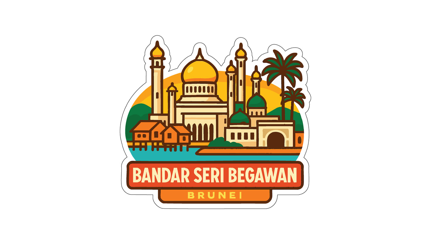 a sticker or illustration of the city of Bandar Seri Begawan, Brunei, with a stylized depiction of the city's architecture and landmarks.