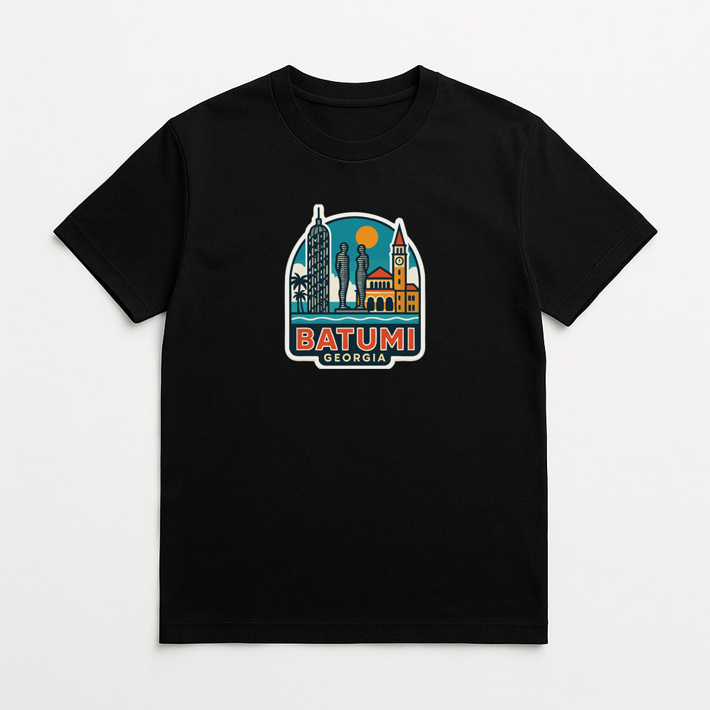 A black t-shirt with a graphic design depicting the skyline of Batumi, Georgia, including the Batumi Cathedral and other notable landmarks.
