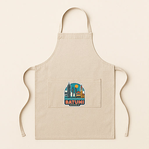 A beige apricot with a graphic design of a city skyline on the front pocket.
