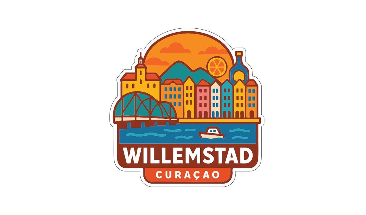 A colorful sticker or emblem featuring the city of Willlemstad, Curacao, with a bridge, buildings, and a boat on the water.