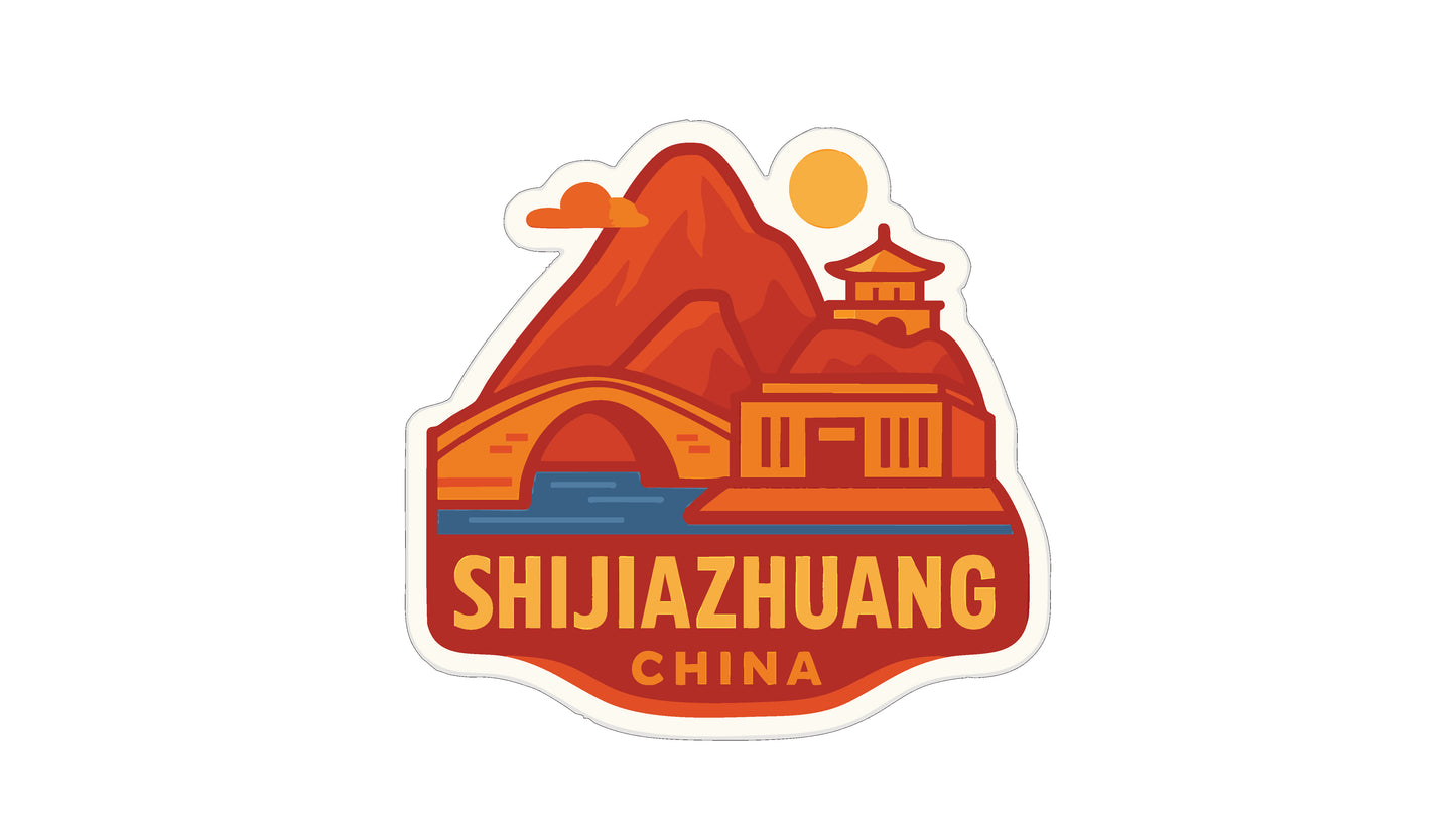 A sticker or emblem featuring a mountain landscape with a temple, bridge, and waterway, along with the text "SHIJIZHUANG CHINA".