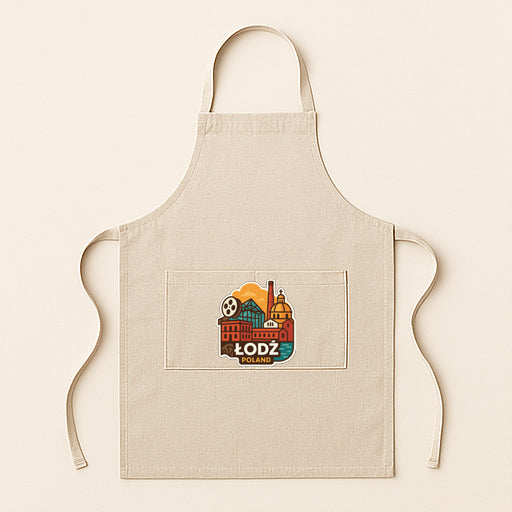 A beige apricot with a graphic design on the front pocket, featuring a cityscape with buildings and a dome.
