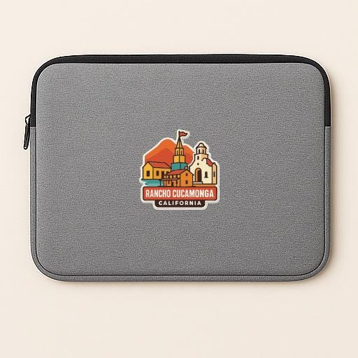 A gray laptop sleeve with a graphic design featuring a cityscape and the text "RANCHO CUCAMONGA CALIFORNIA".