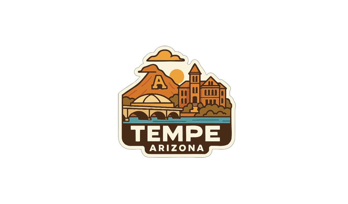 a stylized illustration of a cityscape with a mountain, buildings, and a bridge, representing the city of Tempe, Arizona.