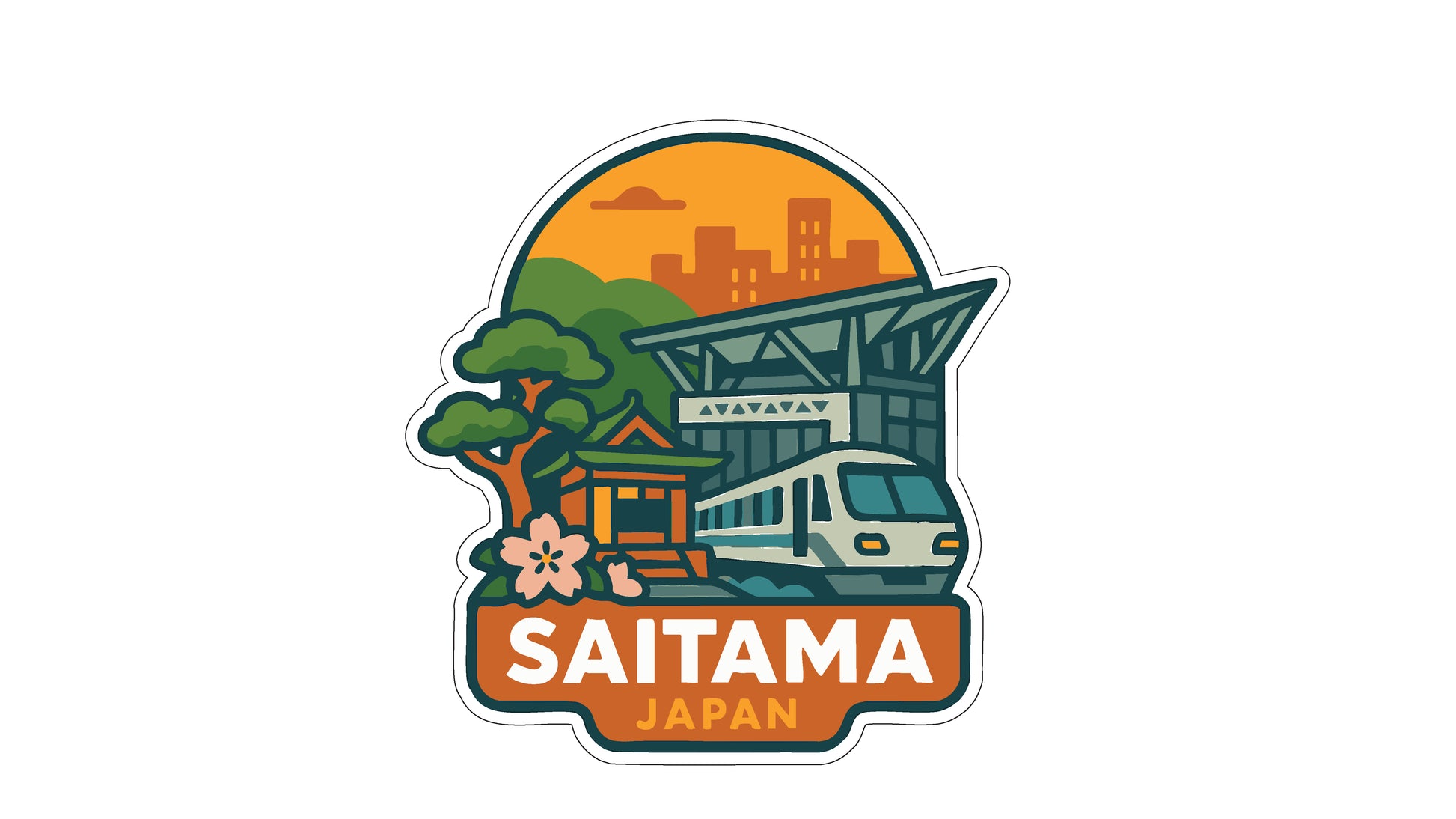 a sticker or emblem with various elements, including a train, a building, and a tree, all set against a backdrop of a city skyline. The text "SAITAMA JAPAN" is prominently displayed, indicating the location or country of the image.