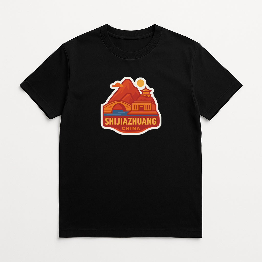 A black t-shirt with a graphic design depicting a mountain and a building, along with the text "SHIJIAZHUANG CHINA".