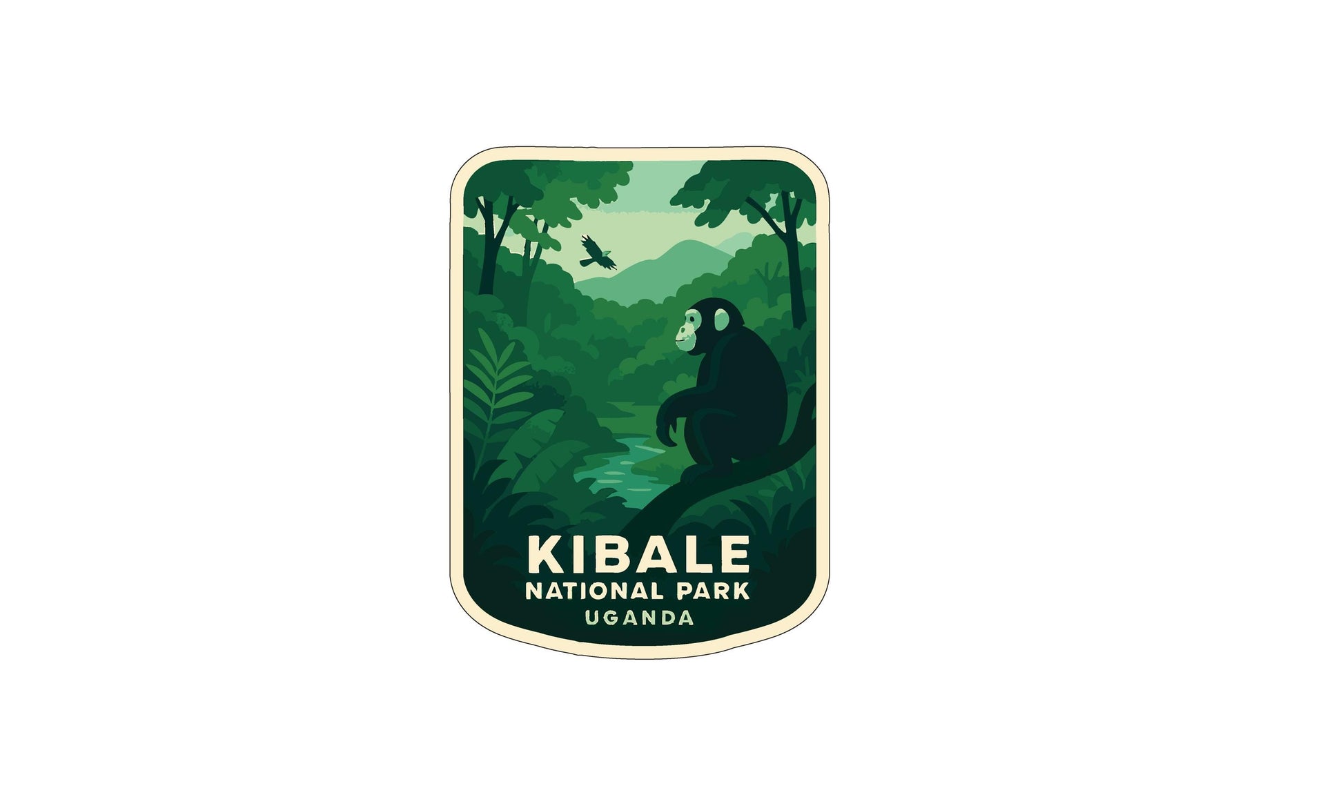 A sticker or emblem featuring a lush green forest landscape with a silhouetted monkey, representing the Kibale National Park in Uganda.