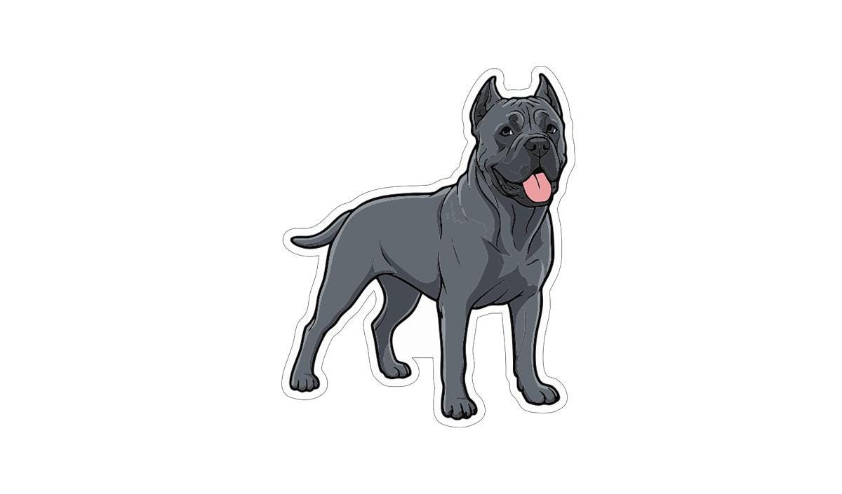 A cartoon illustration of a black dog with a happy expression, standing on all fours and looking directly at the viewer.