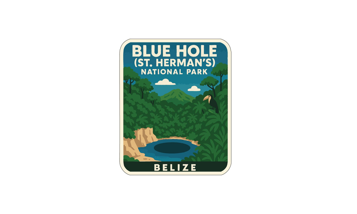 A sticker or label depicting the Blue Hole (St. Herman's) National Park in Belize, featuring a scenic landscape with a lake, mountains, and lush vegetation.